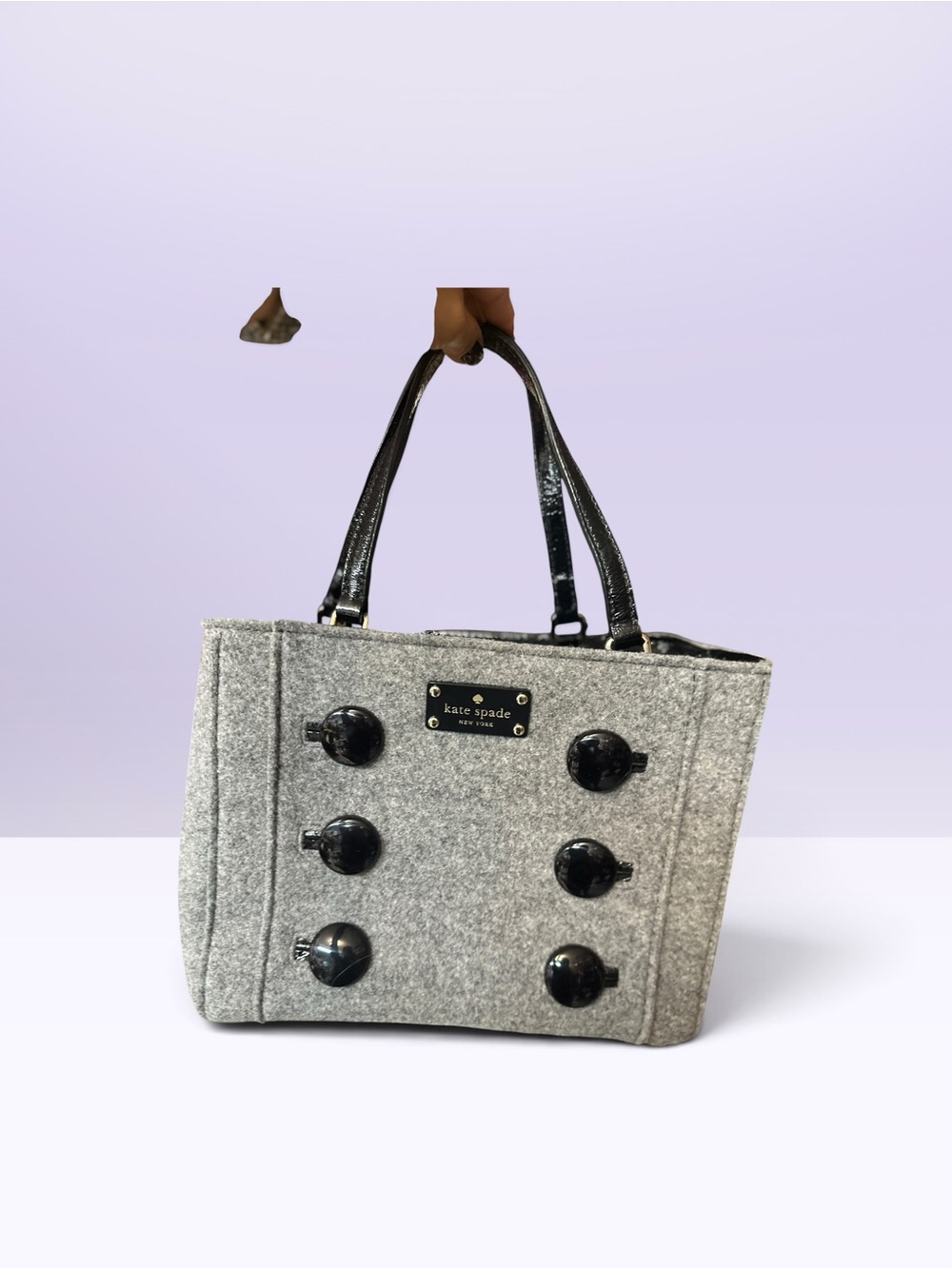 kate spade Gray Felt Tote with Black Patent Handles and Button Accents